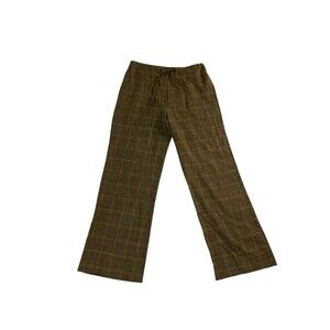 Anne Klein Plaid Pants Womens 8 Brown Wool Linen Drawstring Wide Leg Career Work
